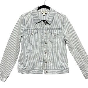 Style & Co Railroad Stripe Denim Jacket Womens Retro Blue White Chore Coat Sz M